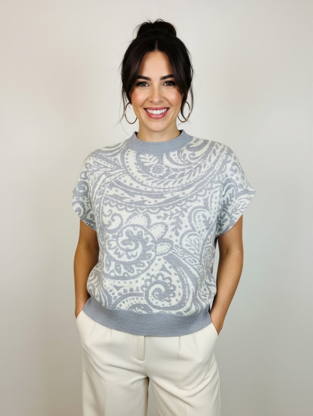 Cynthia Rowley Cream and Gray Paisley Knit Poncho Sweater